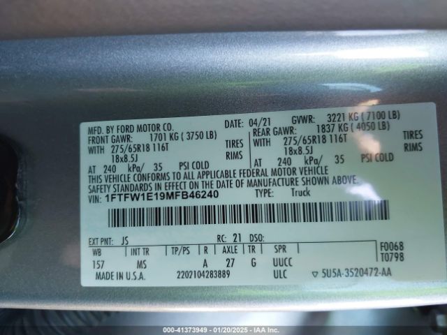 1FTFW1E19MFB46240 Ford F-150 Xlt