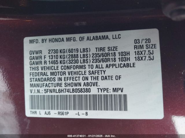5FNRL6H74LB058380 Honda Odyssey Ex-l/ex-l W/navi   Res