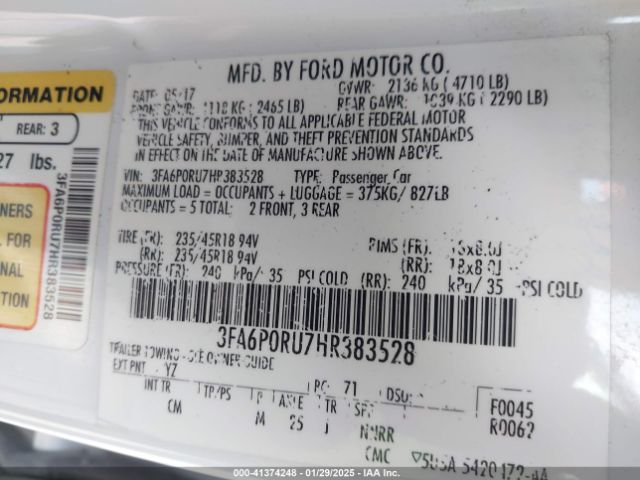 3FA6P0RU7HR383528 Ford Fusion Hybrid Titanium
