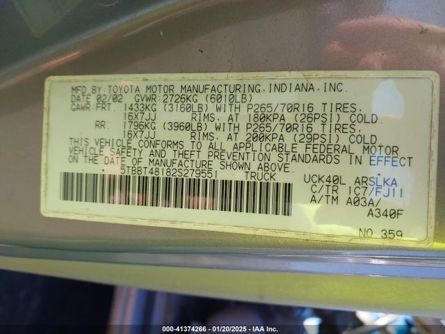 2002 Toyota Tundra Ltd V8 მანქანა იყიდება აუქციონზე, vin: 5TBBT48182S279551, აუქციონის ნომერი: 41374266