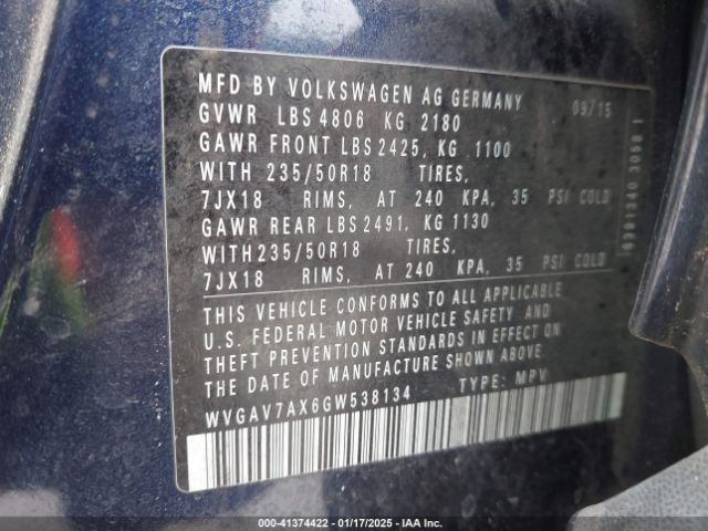 WVGAV7AX6GW538134 Volkswagen Tiguan R-line/s/se/sel
