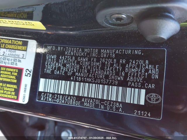 4T1B11HK5JU157739 Toyota CAMRY SE