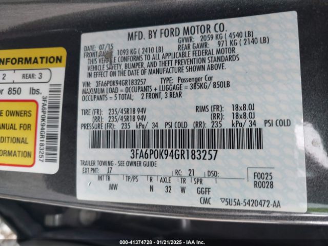 3FA6P0K94GR183257 Ford Fusion Titanium