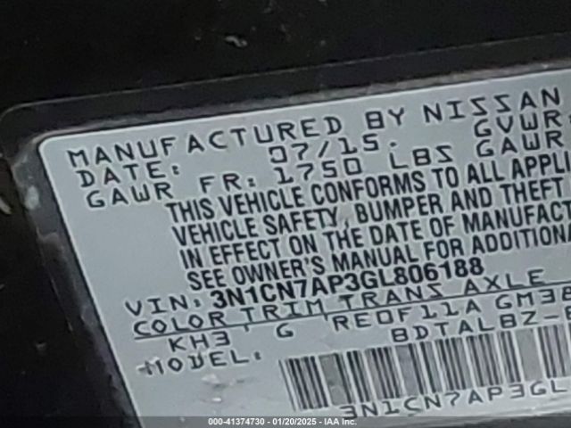 3N1CN7AP3GL806188 Nissan Versa 1.6 S/1.6 S+/1.6 Sl/1.6 Sv