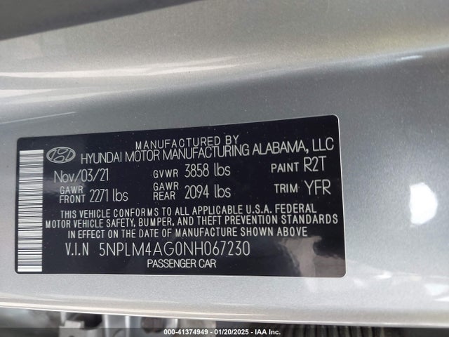 5NPLM4AG0NH067230 Hyundai ELANTRA SEL