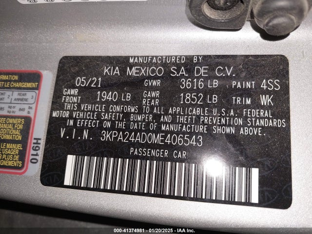 3KPA24AD0ME406543 KIA RIO S