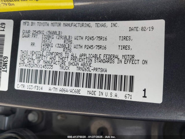 5TFAX5GN7KX145335 Toyota Tacoma Sr
