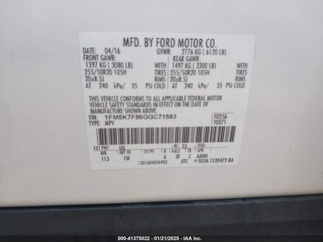 Ford Explorer Limited 2016 1FM5K7F86GGC71583 Image 9