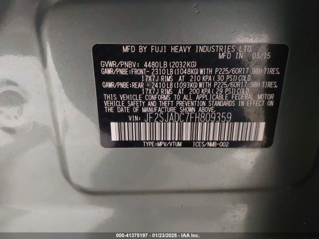 Subaru Forester 2.5i Premium 2015 JF2SJADC7FH809359 Image 9