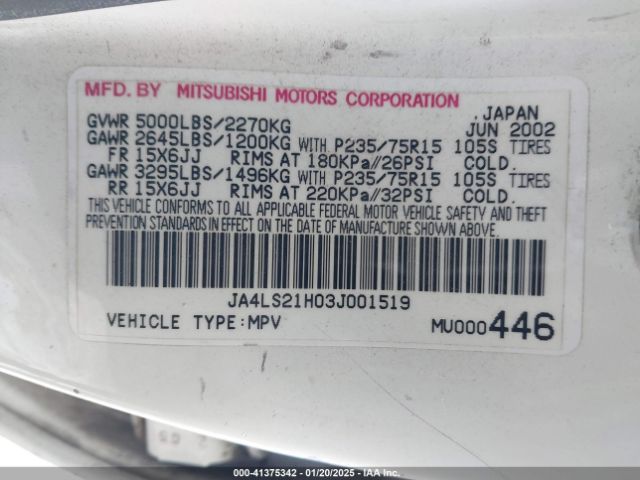 2003 MITSUBISHI MONTERO SPORT JA4LS21H03J001519 Photo 8