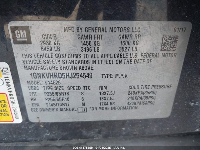 1GNKVHKD5HJ254549 Chevrolet Traverse 2lt