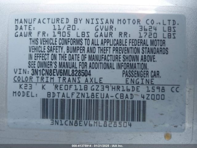 3N1CN8EV6ML828504 Nissan Versa