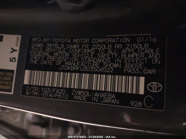 JTDKBRFU3G3504522 Toyota Prius Two