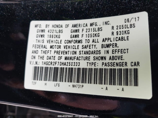 Honda ACCORD EX 2017 1HGCR2F70HA250333 Image 9