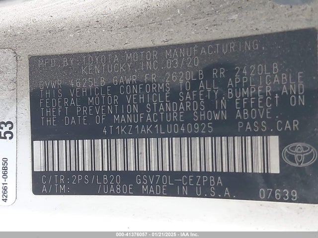 4T1KZ1AK1LU040925 Toyota Camry Xse V6