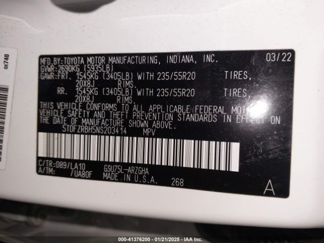 5TDFZRBH5NS203414 Toyota Highlander Platinum