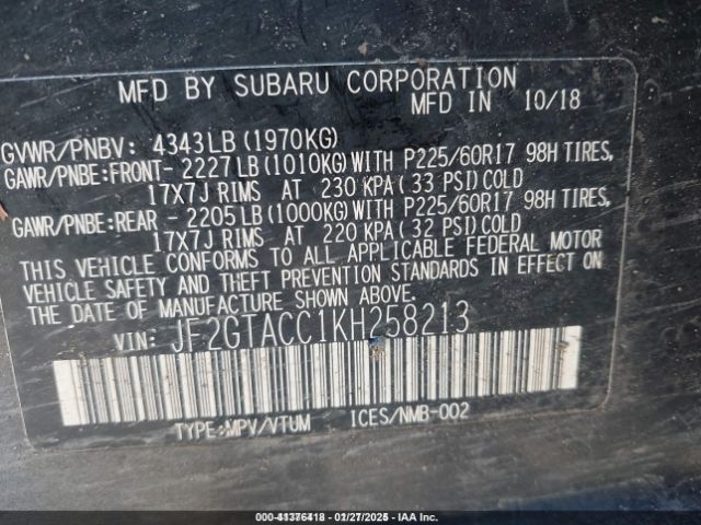 JF2GTACC1KH258213 Subaru Crosstrek 2.0i Premium