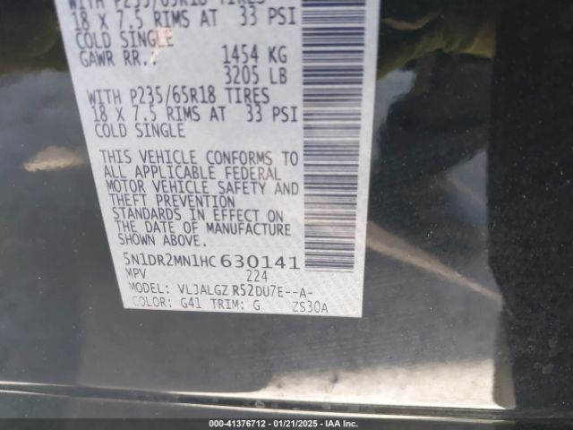 5N1DR2MN1HC630141 Nissan Pathfinder Sl