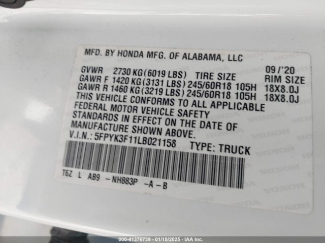 5FPYK3F11LB021158 Honda Ridgeline Awd Sport