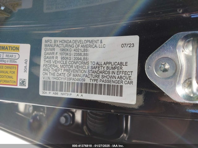 Honda ACCORD EX 2023 1HGCY1F33PA048059 Image 9