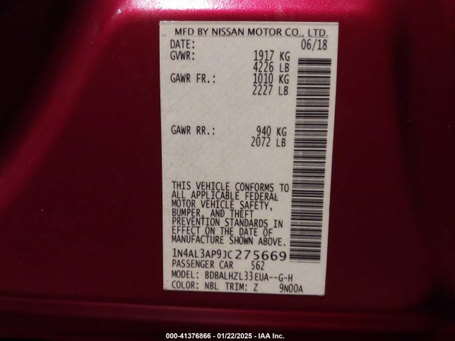 Nissan Altima 2.5 Sr 2018 1N4AL3AP9JC275669 Image 9