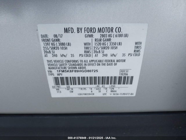 Ford Explorer Limited 2017 1FM5K8F89HGD80725 Image 9