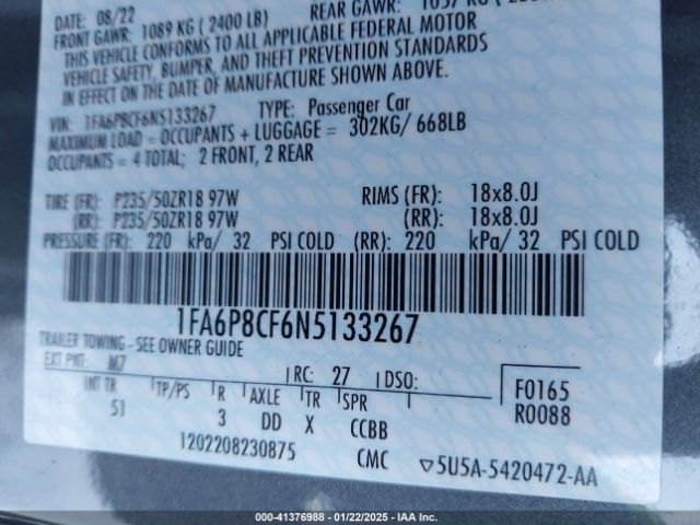 2022 FORD MUSTANG 1FA6P8CF6N5133267 Photo 8