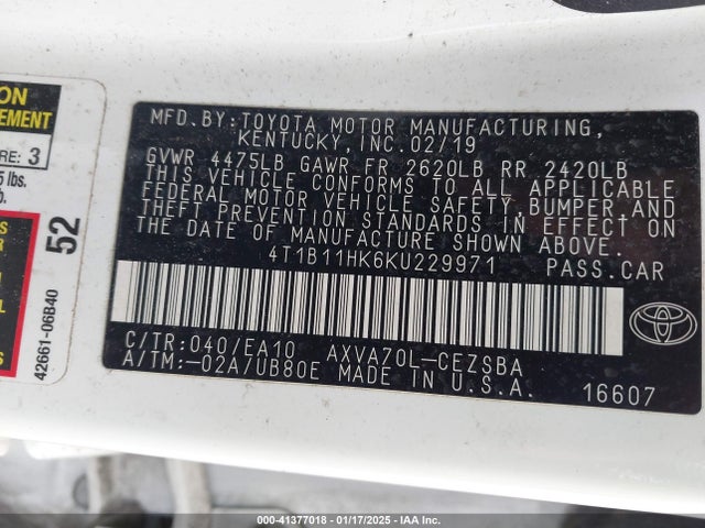 4T1B11HK6KU229971 Toyota CAMRY SE