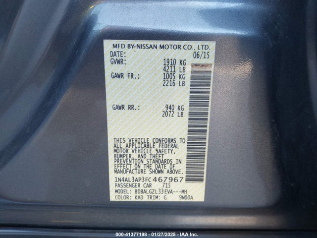 Nissan Altima 2.5 S 2015 1N4AL3AP3FC467967 Image 9