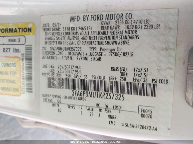 Ford Fusion Hybrid Sel 2019 3FA6P0MU1KR257325 Image 9