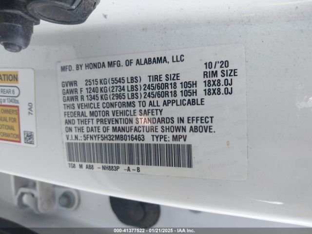 5FNYF5H32MB016463 Honda Pilot 2wd Ex