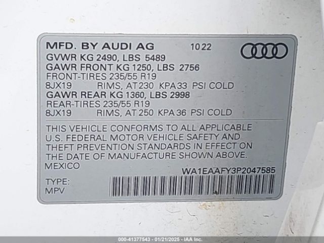 WA1EAAFY3P2047585 Audi Q5 Premium Plus 45 Tfsi S Line Quattro