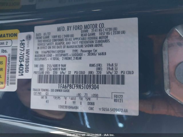 1FA6P8CF9N5109304 Ford Mustang Gt Premium Fastback