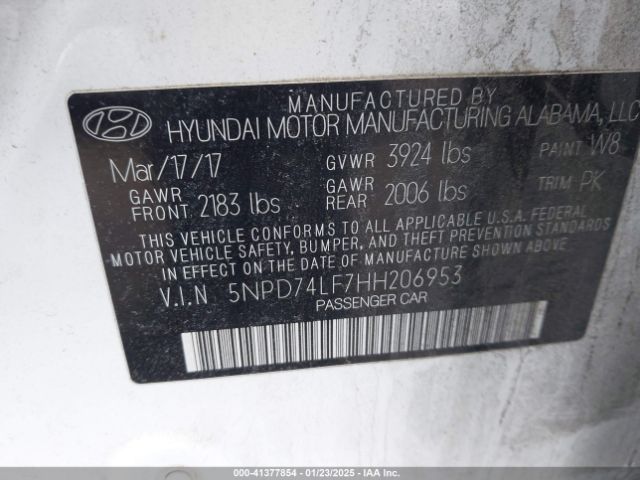 5NPD74LF7HH206953 Hyundai ELANTRA SE
