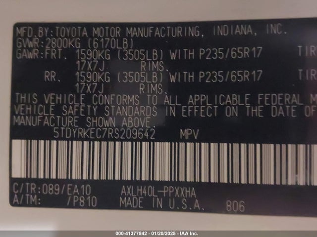 5TDYRKEC7RS209642 Toyota SIENNA XLE