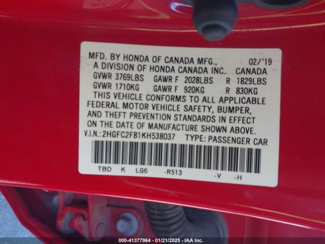 2HGFC2F81KH538037 Honda Civic Sport