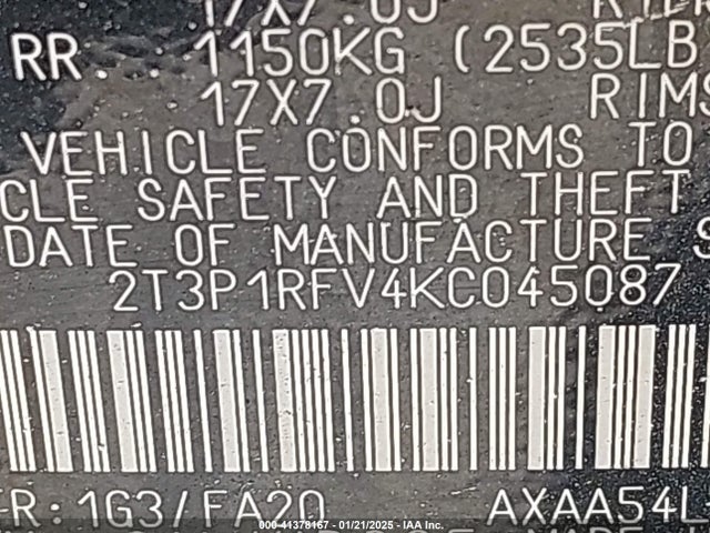 2T3P1RFV4KC045087 Toyota Rav4 Xle