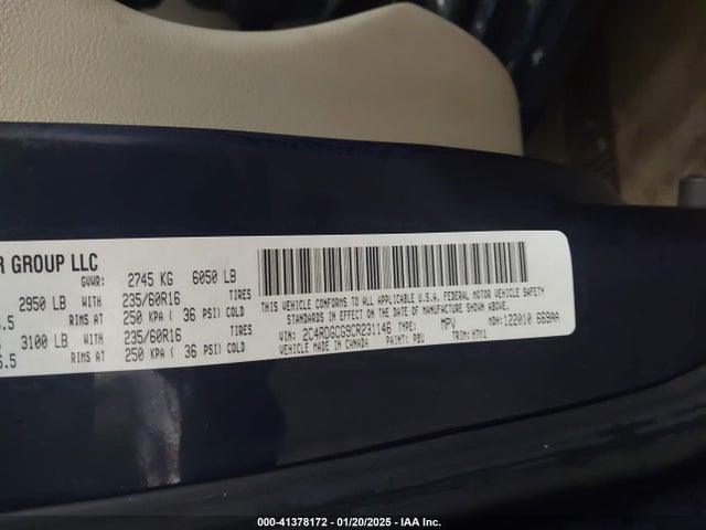 41378172 :رقم المزاد ، 2C4RDGCG9CR231146 vin ، 2012 Dodge Grand Caravan Sxt مزاد بيع