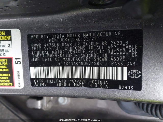 4T1R11AK1NU671585 Toyota CAMRY LE