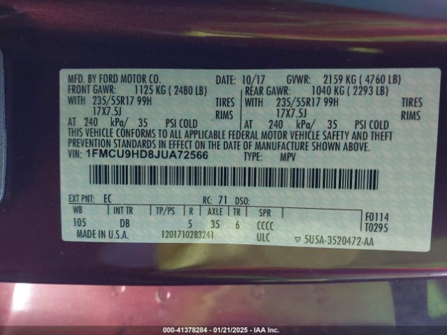 1FMCU9HD8JUA72566 Ford ESCAPE SEL