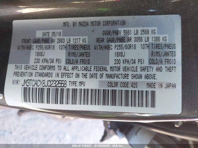 Aukcja sprzedaży 2018 Mazda Cx-9 Touring, vin: JM3TCACY8J0232558, numer aukcji: 41378431