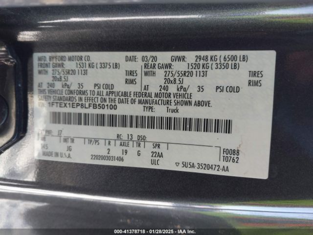 1FTEX1EP8LFB50100 Ford F-150 Xl