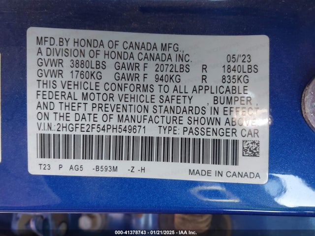2HGFE2F54PH549671 Honda Civic Sport