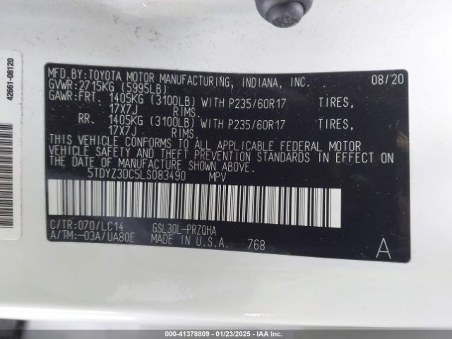 5TDYZ3DC5LS083490 Toyota SIENNA XLE