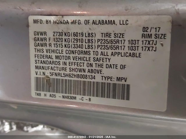 5FNRL5H62HB008134 Honda Odyssey Ex-l