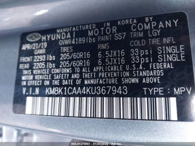 KM8K1CAA4KU367943 Hyundai Kona Se