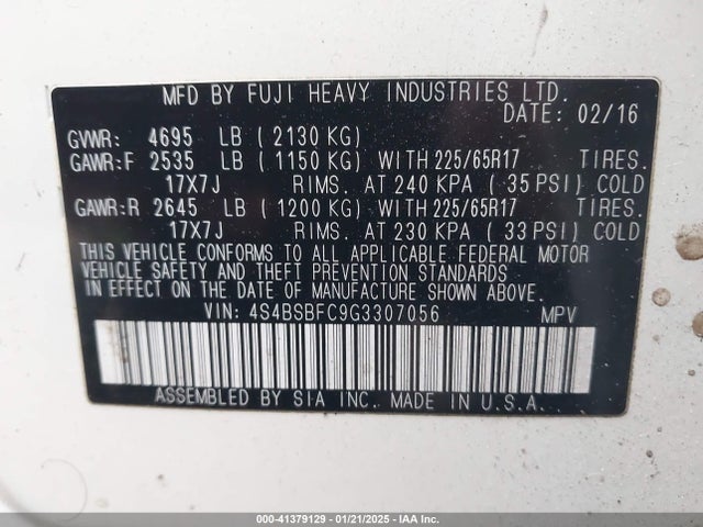 Subaru Outback 2.5i Premium 2016 4S4BSBFC9G3307056 Image 9