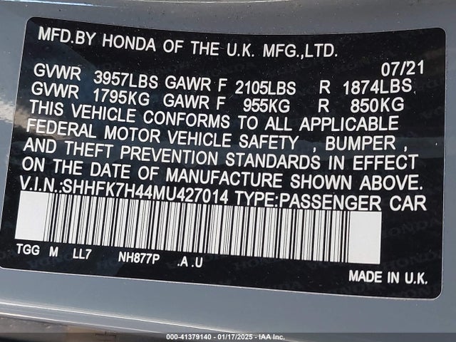 SHHFK7H44MU427014 Honda Civic Sport
