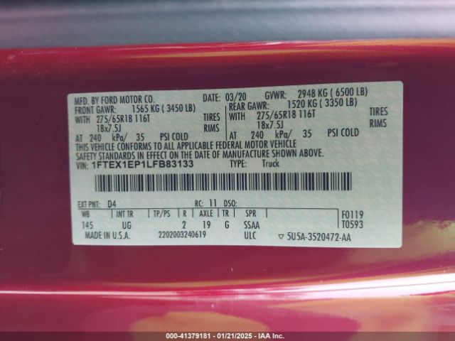 1FTEX1EP1LFB83133 Ford F-150 Xlt