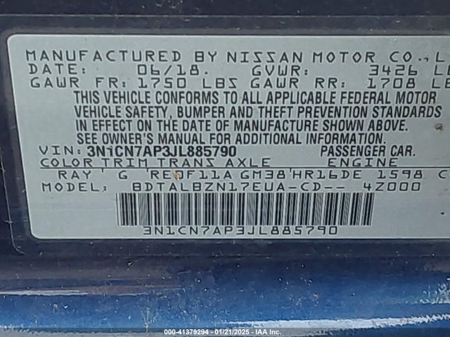 3N1CN7AP3JL885790 Nissan Versa 1.6 Sv